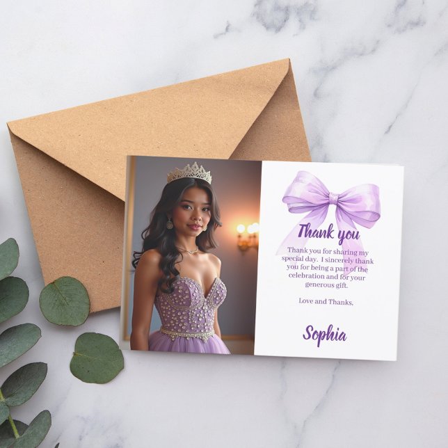 Carte De Remerciements Quinceanera photo bow violet script (Créateur téléchargé)