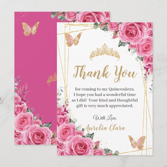 Carte De Remerciements Quinceañera Pink Fuchsia Floral Papillons d'or (Devant / Derrière)