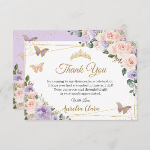 Carte De Remerciements Quinceañera Purple Lilac Blush Floral Papillons