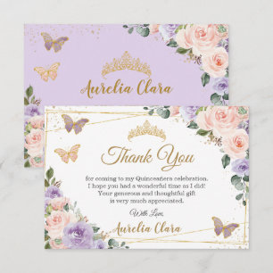 Carte De Remerciements Quinceañera Purple Lilac Blush Floral Papillons