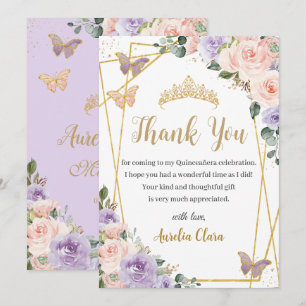 Carte De Remerciements Quinceañera Purple Lilac Blush Floral Papillons