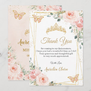 Carte De Remerciements Quinceañera Quince Blush Rose Fleurs Papillons 