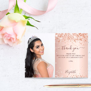 Carte De Remerciements Quinceanera rose or blush parties scintillant phot
