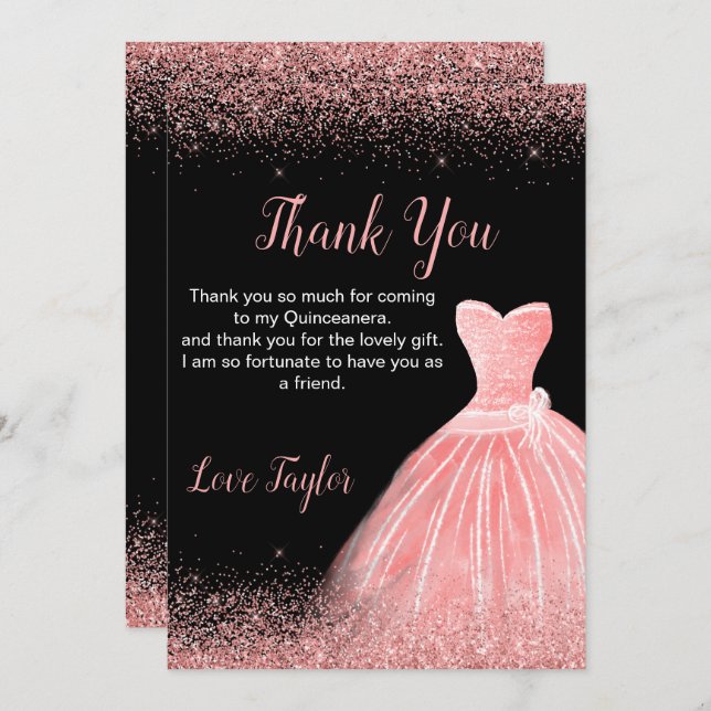 Carte De Remerciements Quinceanera Rose Pink Dress Faux Glitter (Devant / Derrière)