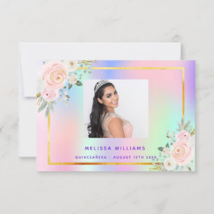 Carte De Remerciements Quinceanera rose violet photo arc-en-ciel floral