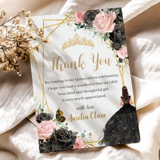 Carte De Remerciements Quinceañera Rosée Noire Florale Rosée Robe fille P (black and pink roses floral modern gold geometric princess girl black dress thank you card printed)