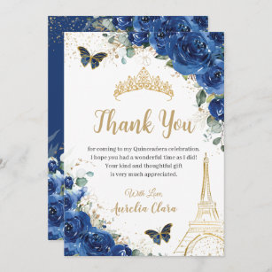 Carte De Remerciements Quinceañera Royal Blue Floral Eiffel 16e anniversa