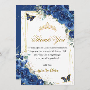 Carte De Remerciements Quinceañera Royal Blue Floral Gold Butterflies
