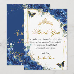 Carte De Remerciements Quinceañera Royal Blue Floral Gold Butterflies