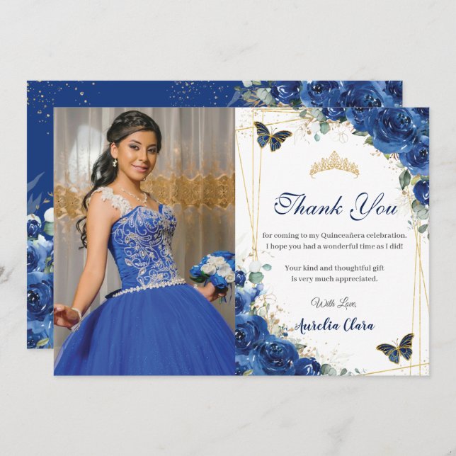 Carte De Remerciements Quinceañera Royal Blue Floral Papillons Anniversai (Devant / Derrière)