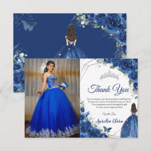 Carte De Remerciements Quinceañera Royal Blue Floral Princess Photo