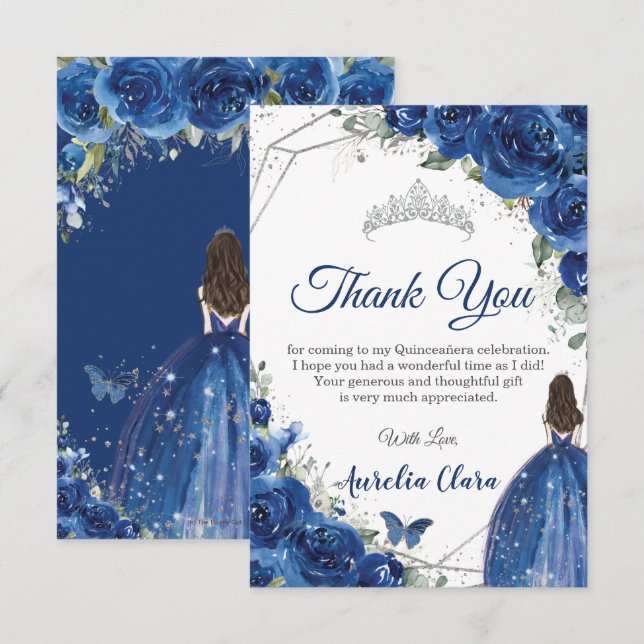 Carte De Remerciements Quinceañera Royal Blue Floral Princesse Anniversai (Devant / Derrière)