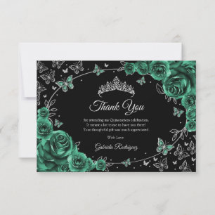 Carte De Remerciements Quinceañera Vert Émeraude Argent
