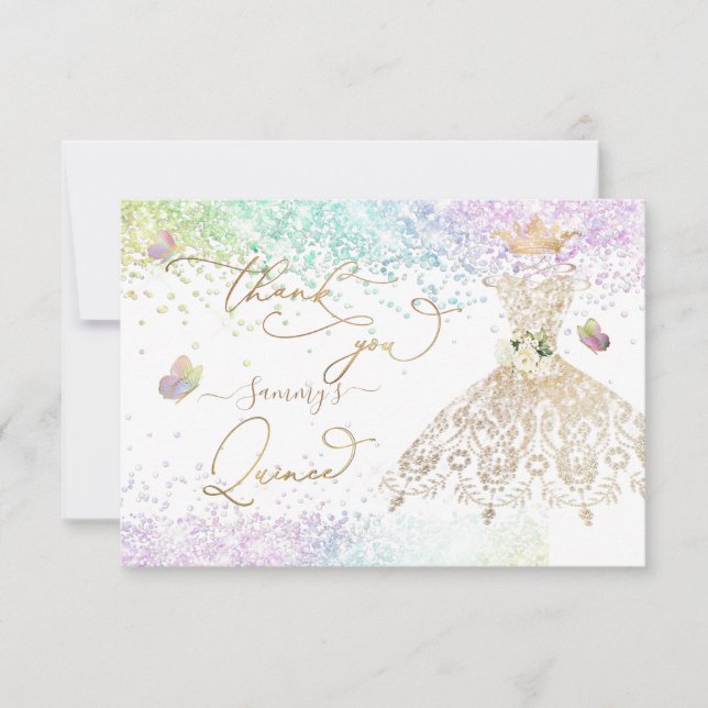 Carte De Remerciements Quinceanera White Gold Parties scintillant Gown Pa (Devant)