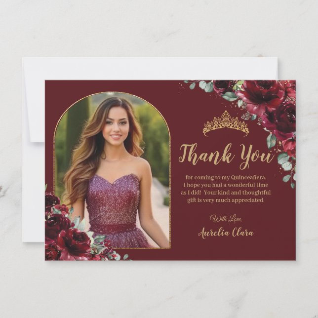 Carte De Remerciements Quinceañera XV Sweet 16 Burgundy Floral Gold Photo (Devant)