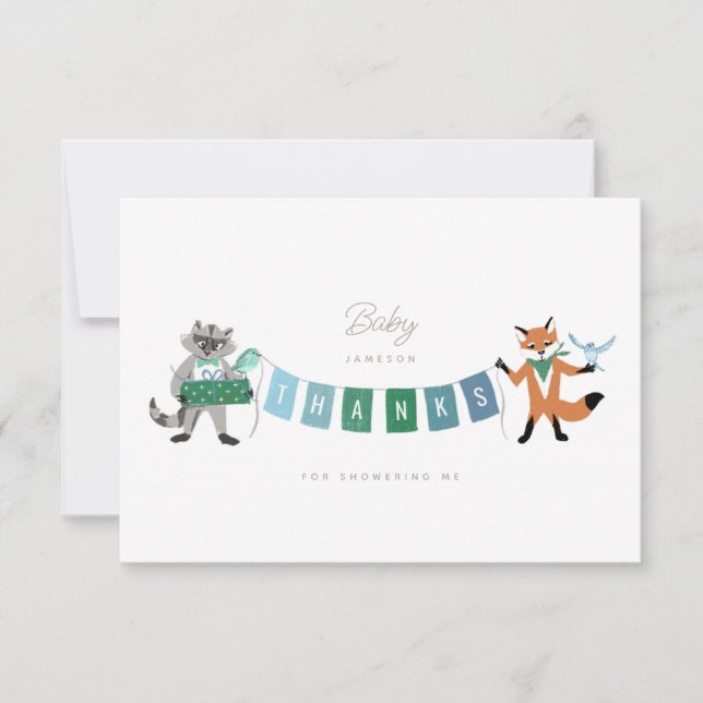 Carte De Remerciements Raccoon Fox Forest Friends Blue Baby shower (Devant)