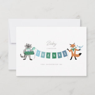 Carte De Remerciements Raccoon Fox Forest Friends Blue Baby shower