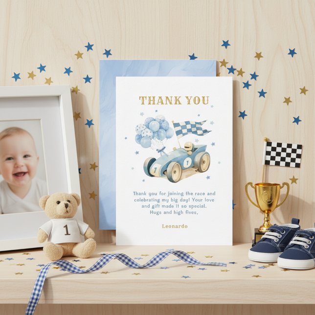 Carte De Remerciements Race Car Blue Watercolor Boy First Birthday  (Créateur téléchargé)