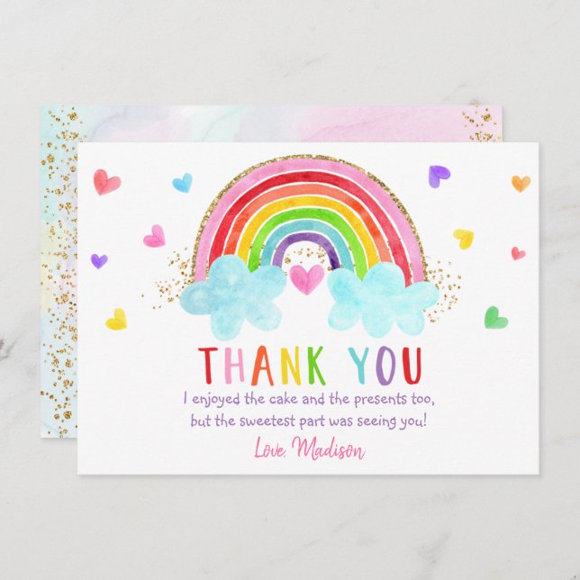 Carte De Remerciements Rainbow Cloud Hearts Or rose Anniversaire (Devant / Derrière)