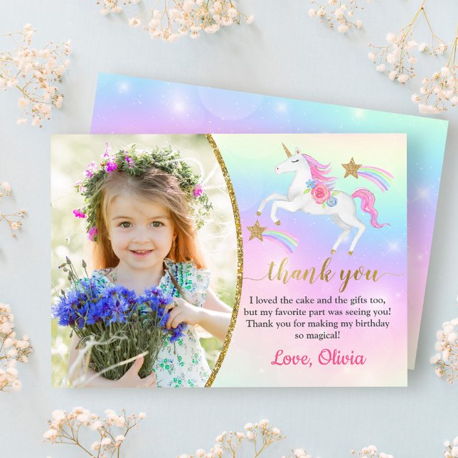 Carte De Remerciements Rainbow Floral Magique Unicorn Girl Birthday Photo (Créateur téléchargé)