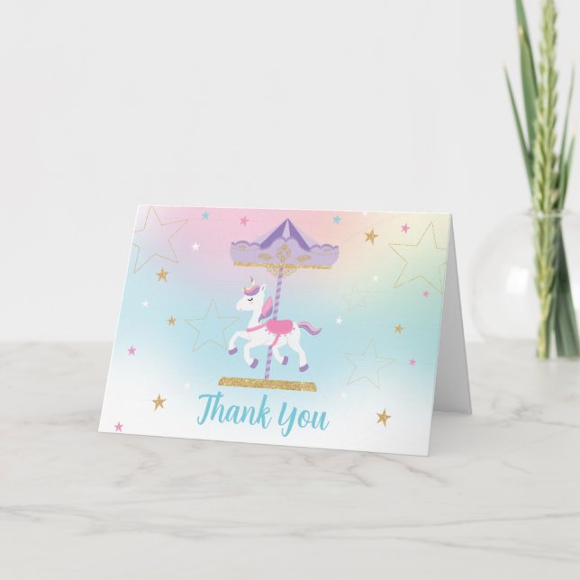 Carte De Remerciements Rainbow Unicorn Carousel 1er Anniversaire Or plié (Devant)