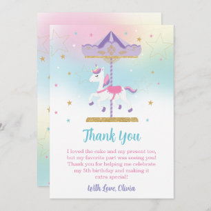 Carte De Remerciements Rainbow Unicorn Carousel 1er anniversaire Parties