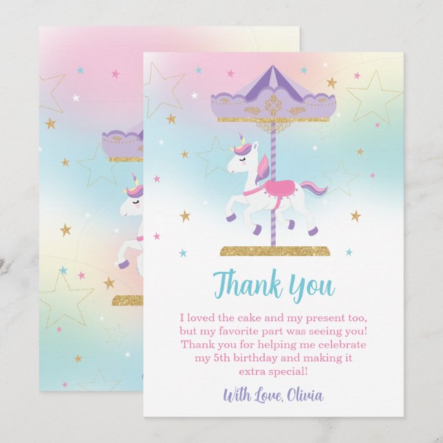 Carte De Remerciements Rainbow Unicorn Carousel 1er anniversaire Parties  (Devant / Derrière)