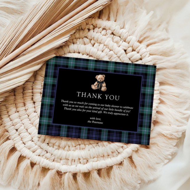 Carte De Remerciements Ralph Teddy Bear Navy Green Plaid Baby Shower (Baby shower thank you card ralph teddy bear plaid tartan)