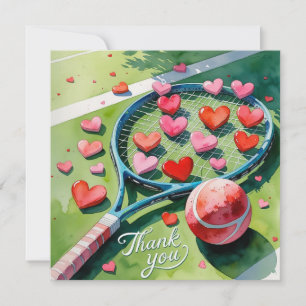 Carte De Remerciements Raquette de tennis et balle avec des cœurs rouges 