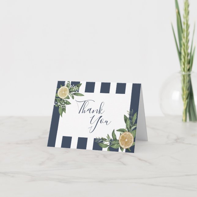 Carte De Remerciements Rayure Bleue Navy Aquarelle Citron Citrus Plié (Devant)