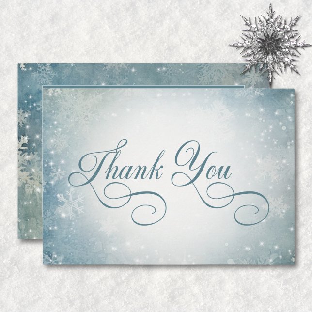 Carte De Remerciements Réception romantique Bleu Neige Blanche Étincelle (Romantic Falling Snow Blue White Sparkle Reception Thank You Card)