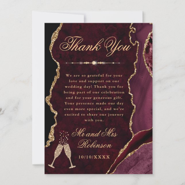 Carte De Remerciements Red and Gold Glitter Agate & Marble Wedding (Devant)