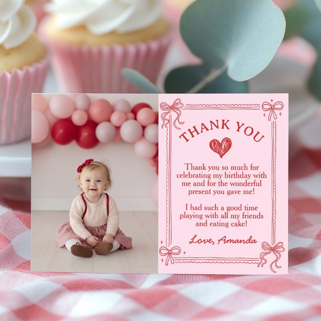 Carte De Remerciements Red and Pink Bow Cake Birthday Photo (Créateur téléchargé)