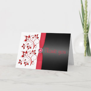 Carte De Remerciements Red, Black and White Floral Thank You Card