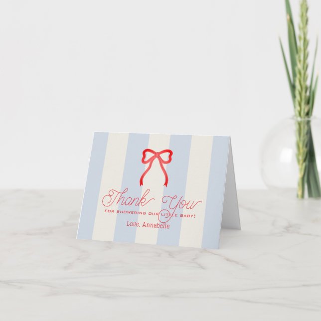 Carte De Remerciements Red Bow & Pale Blue Stripes Baby Shower Thank You (Devant)