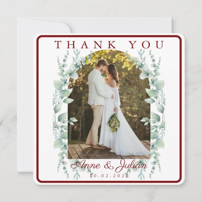 Carte De Remerciements Red Eucalypthus leaves Wedding With 2 photos (Devant)