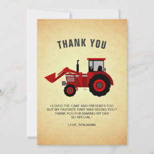 Carte De Remerciements Red Farm Tractor Anniversaire de enfant Party