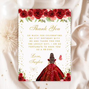 Carte De Remerciements Red Floral Brunette Hair Princess Anniversaire