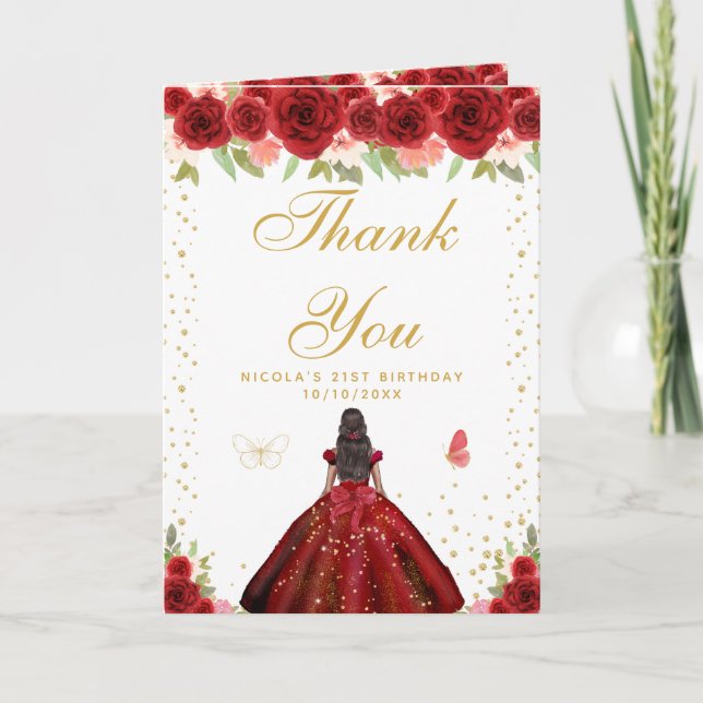 Carte De Remerciements Red Floral Dark Skin Girl Birthday (Devant)