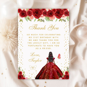 Carte De Remerciements Red Floral Dark Skin Princess Anniversaire