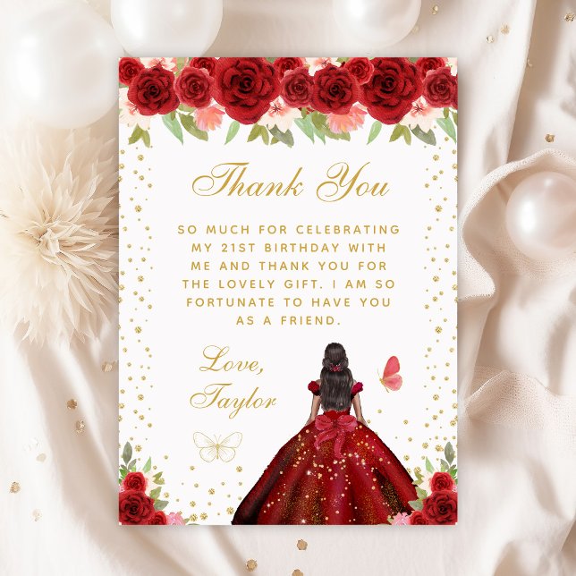 Carte De Remerciements Red Floral Dark Skin Princess Anniversaire (Créateur téléchargé)