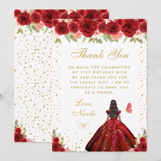 Carte De Remerciements Red Floral Dark Skin Princess Birthday Party (Devant / Derrière)