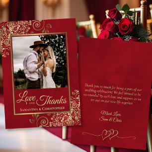 Carte De Remerciements Red & Gold Love & Thanks Photo & Note Mariage