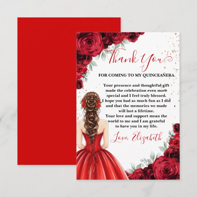 Carte De Remerciements Red & Gold Quinceañera Custom Thank You Card (Devant / Derrière)