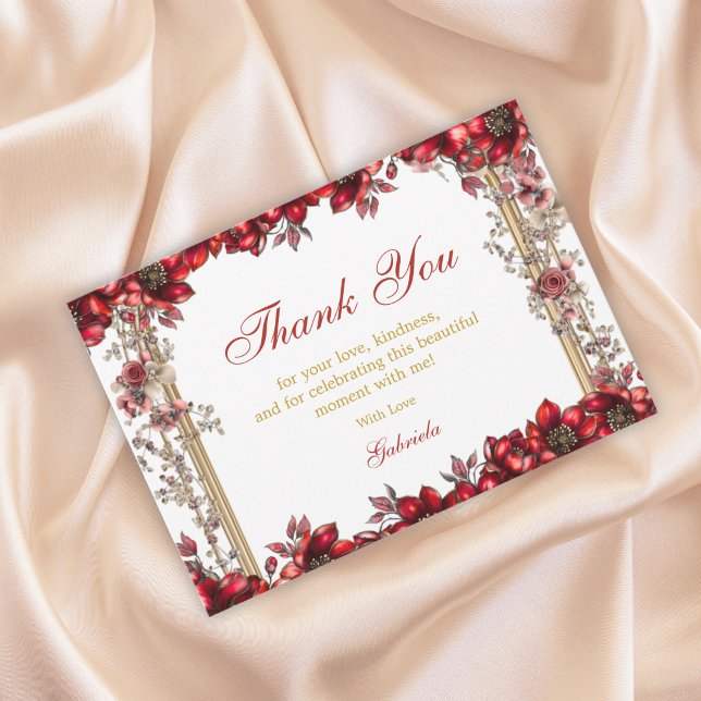 Carte De Remerciements Red Golden Tiara Floral Quinceañera (Créateur téléchargé)
