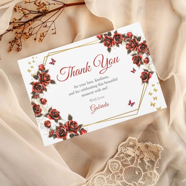 Carte De Remerciements Red Golden Tiara Roses Butterflies Quinceañera (Créateur téléchargé)