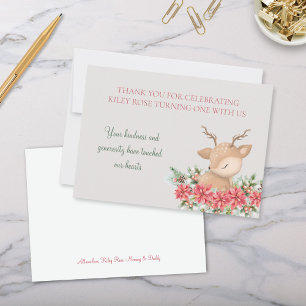 Carte De Remerciements Red Green Noël Poinsettia Cerf fête d'anniversaire