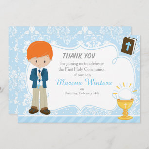Carte De Remerciements Red Hair Boy First Communion Damask