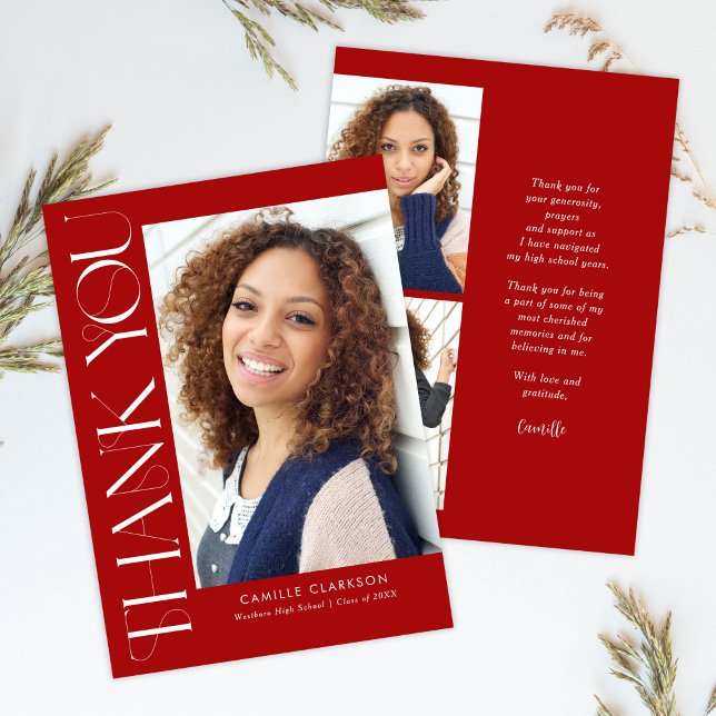 Carte De Remerciements Red Modern Elegant Vertical Trois Photo Graduation (Créateur téléchargé)