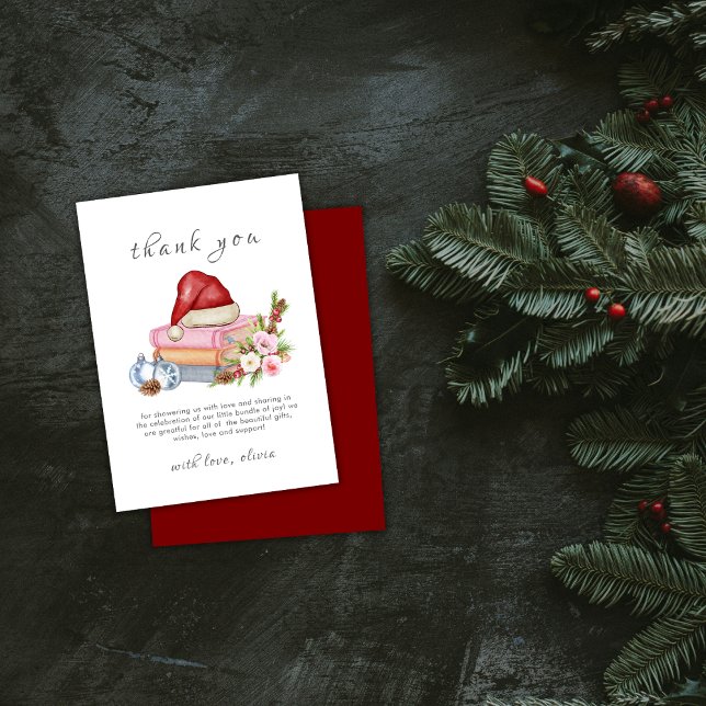 Carte De Remerciements Red New Chapter Begins Winter Floral Baby Shower  (Red New Chapter Begins Winter Floral Baby Shower Thank You Card)